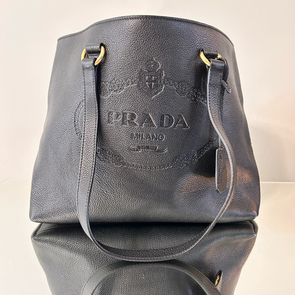 Sale! Authentic Prada Logo Embossed, Vitello Phenix Leather Tote - Picture 10 of 12